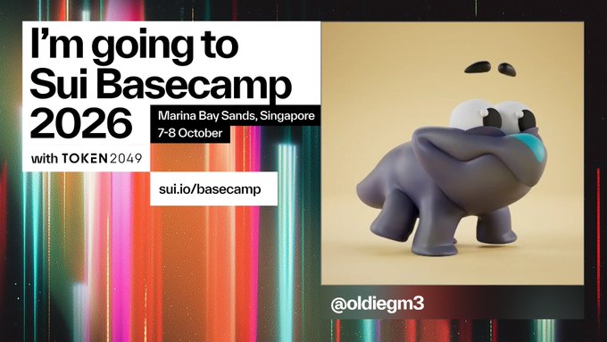 A promotional graphic for 'Sui Basecamp 2026' taking place October 7-8 at Marina Bay Sands, Singapore, featuring a cartoon gray character mascot.