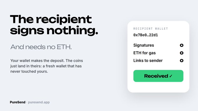An advertisement for 'PureSend' with the headline 'The recipient signs nothing. And needs no ETH.', showing a digital wallet interface indicating 'Received ✓'.