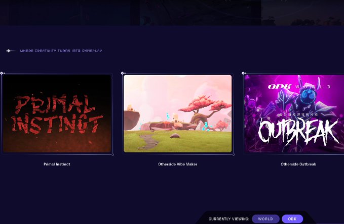 A screenshot of a digital interface showing three game titles: "Primal Instinct," "Otherside Vibe Maker," and "Otherside Outbreak," illustrating the expansion of the ODK world mentioned in the post.