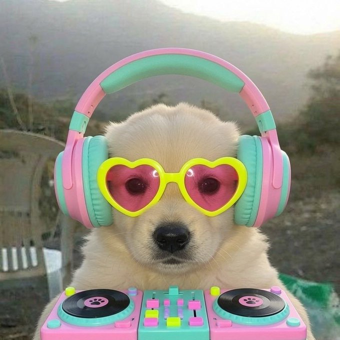 A fluffy puppy wearing pastel pink and teal headphones and yellow heart-shaped sunglasses DJs on a vibrant turntable, ready to pump up the party for the $Jotchua community at @CrashiusClay69.