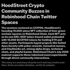 The image is an X/Twitter post from HoodStreet Crypto announcing "HoodStreet Crypto Community Buzzes in Robinhood Chain Twitter Spaces," detailing a session discussing NFT collections on Robinhood Chain, including their ERC-6551 token-bound wallets preloaded with 10,000 CCFF00 tokens for tokenizing assets like passports and birth certificates. It aligns with HoodStreet Media's promotional post highlighting their CCFF00 NFTs organically trending on Robinhood Chain news.