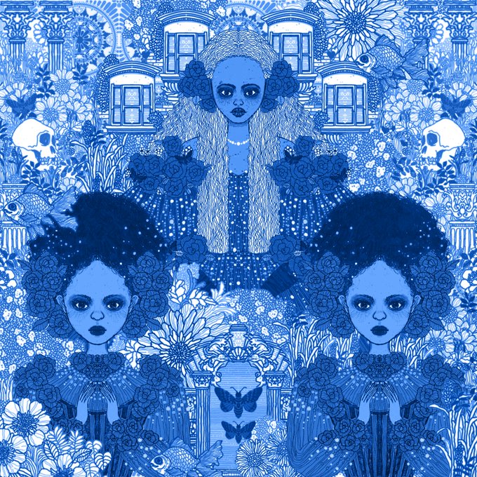 A detailed blue-and-white illustration featuring a central figure with long hair flanked by two figures with large afros, surrounded by ornate floral and skull motifs.