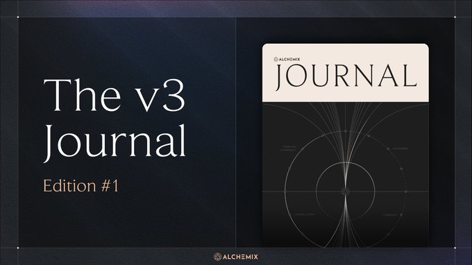 A promotional graphic titled 'The v3 Journal Edition #1' by Alchemix, featuring a black and white cover with geometric designs.