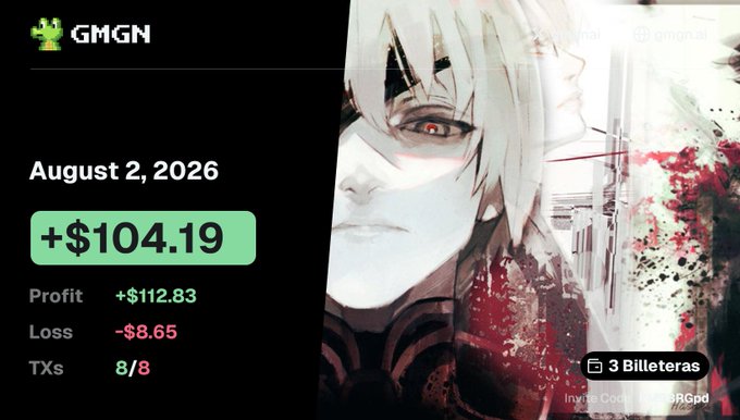 A financial dashboard from 'GMGN' dated August 2, 2026, showing a profit of +$104.19 with an anime-style character image on the right.