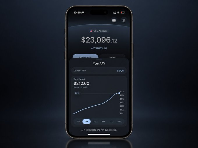 A smartphone displays the Ethena Pay app showing a USD Account balance of $23,096.12 with a 6.00% APY, a "Your APY" pop-up showing $212.60 total earned, and an earnings growth chart. The image illustrates the crypto neobank's user interface, complementing the announcement about Ethena Pay's SOC 2 Type II audit compliance that validates the security of its platform.