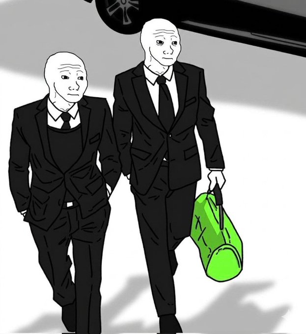 The image features two men dressed in suits, walking down a street while carrying a green bag. The background of the image shows a car parked nearby. There are also some text elements present in the image that read "A man's job is to fight." and "$WOJAK has a modern and elegant style." These texts seem unrelated to the main scene but could be part of an artistic or creative project, possibly related to the post about the man who fights his job.

The primary focus of the image remains on the two men in suits walking down the street with their green bag. The background elements serve as a visual context for the scene and do not directly relate to the main subject matter.