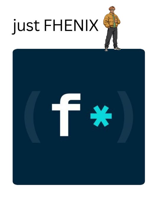 An image featuring a cartoon character in a yellow puffer jacket above the text 'just FHENIX' and a dark blue square logo containing '(f*)' in white and cyan.