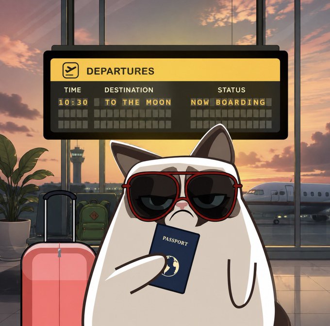 A cartoon cat wearing sunglasses holds a passport at an airport, with a departures board showing a flight 'TO THE MOON' now boarding at 10:30.