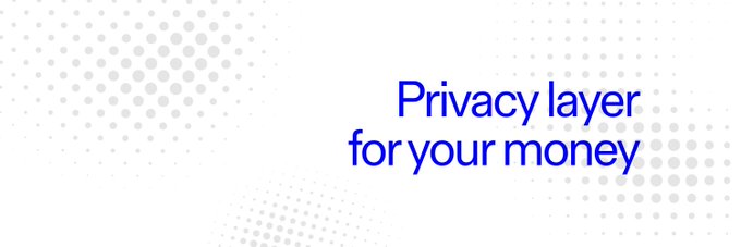 A minimalist banner featuring gray halftone dots in the corners with the blue text "Privacy layer for your money," directly reinforcing the post's emphasis on @UmbraPrivacy's mission to bring confidential transactions to Solana through Umbra v2.