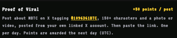 The image displays a "Proof of Viral" task banner offering +50 points per post for sharing a message about MBTC, tagging @1096361BTC, with at least 150 characters and a photo or video from the user's linked X account. It directly illustrates the promotion described in the accompanying post, which highlights ongoing engagement with MBTC between major announcements.