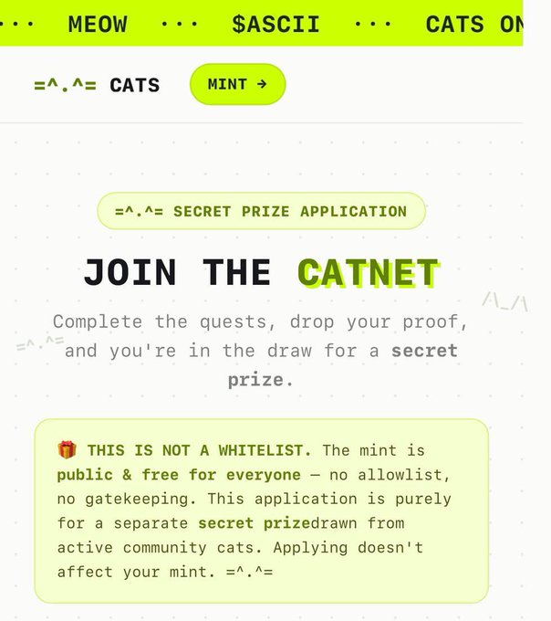 A webpage for the '=^..^= CATS' project on MINT, featuring a 'SECRET PRIZE APPLICATION' section inviting users to 'JOIN THE CATNET' by completing quests for a chance to win a secret prize.