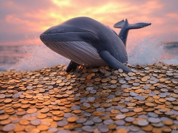 A whale (literally and figuratively) rests on a massive pile of gold coins against a sunset sky, visually symbolizing the recent 1.2 billion DOGE accumulation worth $90 million by Dogecoin whales in just 48 hours. The "GROK XI" watermark appears in the bottom right corner.