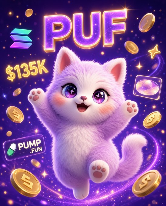 Digital art of a cute pink and white kitten with starry purple eyes, surrounded by gold coins, displaying "PUF", "$135K", and a "PUMP.FUN" pill logo on a purple cosmic background.