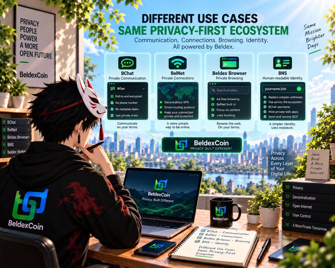 A promotional infographic for BeldexCoin titled 'DIFFERENT USE CASES SAME PRIVACY-FIRST ECOSYSTEM' showcasing products like BChat, BelNet, Beldex Browser, and BNS, with an anime-style character at a desk using a BeldexCoin laptop.