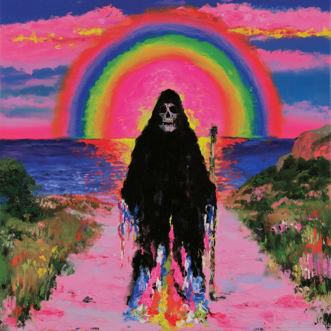 A vibrant, psychedelic painting depicting a black grim reaper figure with a skull face standing on a pink path, with a large rainbow arching over a body of water in the background.
