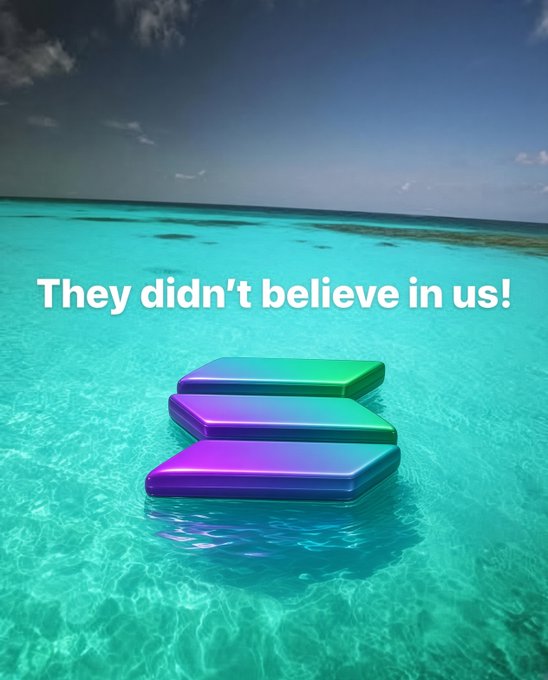 The Solana logo (purple and green stacked bars) floating in crystal-clear turquoise ocean water with the text 'They didn't believe in us!' overlaid in white.