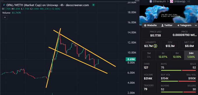 A 4-hour Uniswap chart shows OPAL/WETH (Market Cap) at $8.69M, down 12.80% (-$986.23K), with the token currently priced at $0.00009790 WE and trading within a descending channel pattern highlighted by yellow trendlines. The accompanying bullish post about $OPAL—highlighting its Coinbase-connected CEO, upcoming audit, and privacy perp DEX on Base—serves as a counter-narrative to the chart's current downtrend, suggesting the author views the dip as a buying opportunity.