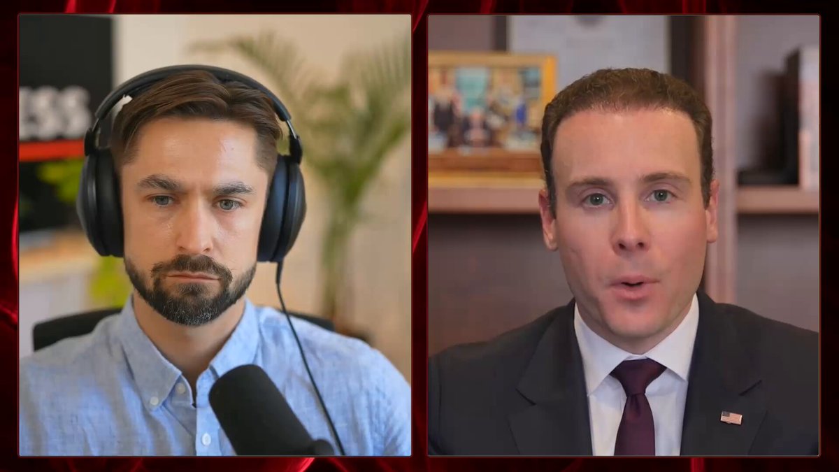 The image shows two men wearing headphones, with one man dressed in a suit and tie while the other has a beard. They are both sitting at a desk, possibly participating in an interview or discussion. The background of the image features a red frame that surrounds them, giving the impression that they are being interviewed on television. The caption below the image reads: "Great interview with @ChairmanSelig on perps, ADL, KYC, open source protocols, Ethereum settlement etc Serving on the Innovation Advisory Committee, I support the CFTC's approach to building in the US".