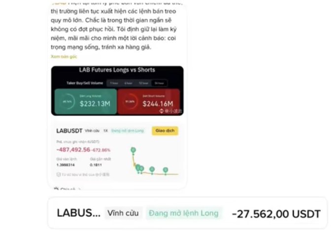 A Vietnamese trading app screenshot showing a losing long position on LABUSDT (LAB Futures) with a -487,492.56 loss and current floating P&L of -27,562.00 USDT.