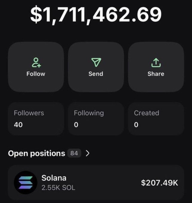The image displays a portfolio showing $1,711,462.69 with 40 followers, 0 following, and 84 open positions including 2.55K SOL ($207.49K), serving as proof of the account holder's substantial trading success and credibility. This screenshot supports the post's "$50 to $25,000 challenge" by visually demonstrating the user's track record to attract participants to like, retweet, comment "Done," and follow with notifications on.