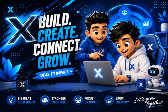 A promotional banner reading "BUILD. CREATE. CONNECT. GROW. IDEAS TO IMPACT" featuring two animated boys working on a laptop with a prominent "X" logo and a small robot companion.