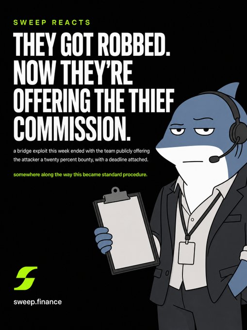 Promotional graphic from sweep.finance titled 'SWEEP REACTS: THEY GOT ROBBED. NOW THEY'S OFFERING THE THIEF COMMISSION,' referencing a bridge exploit and a 20% bounty offered to the attacker, featuring an illustration of a shark in a suit holding a clipboard.