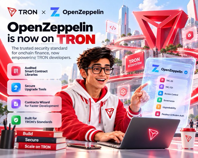 A promotional graphic announces "OpenZeppelin is now on TRON," highlighting that the trusted security standard for onchain finance is empowering TRON developers. The image features a young man in a TRON-branded hoodie using a laptop with holographic displays showing OpenZeppelin features (Audited Smart Contract Libraries, Secure Upgrade Tools, Contracts Wizard for Faster Development, Built for TRON's Standards, TRC-20, TRC-721, Access Control, Governance, Upgradability, Passkeys & Modern Auth), visually reinforcing the post's message about strengthening the security foundation for smart contract development on the TRON network.