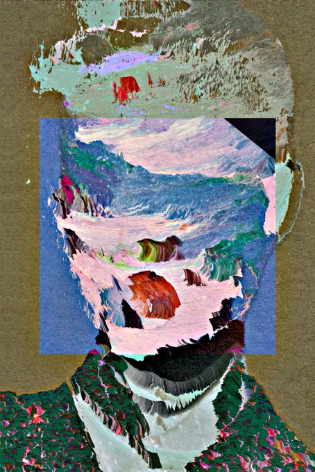 An artistic mixed-media portrait of a figure wearing a vibrant green patterned top, with the face and head creatively replaced by a swirling, abstract landscape painting in pastel pinks, blues, and earthy tones set against a tan background. The piece plays with the concept of a "Portrait" by replacing a literal human face with an expressive, painterly vista, blurring the line between self and scenery.