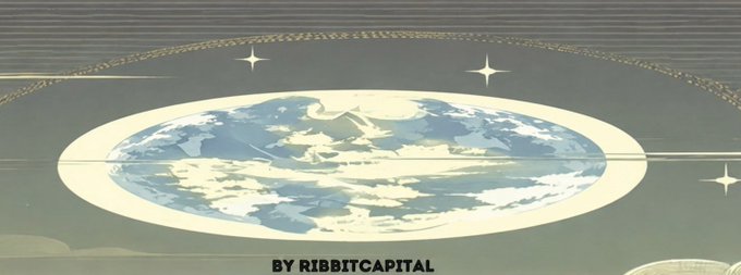 A stylized illustration of Earth depicted as a flat disc floating in space, surrounded by stars and orbital rings, with the text "BY RIBBITCAPITAL" at the bottom. The flat-Earth imagery humorously reinforces the "THE WORLD IS FLAT" theme of the post, while promoting the $TIBBIR token by Ribbit Capital and noting its presence since January 2025.