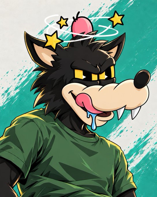A cartoon illustration of a dazed wolf character with stars circling its head, drooling, and wearing a green t-shirt against a teal brushstroke background.