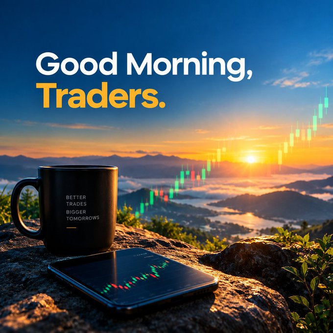 A motivational graphic showing a black coffee mug reading "BETTER TRADES BIGGER TOMORROWS" and a smartphone displaying a candlestick chart against a sunrise mountain landscape, with the text "Good Morning, Traders."