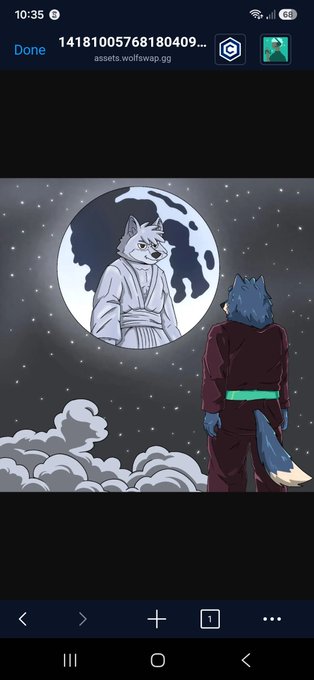 A screenshot of a mobile wallet app displaying an illustration of a wolf character in a robe standing before a large moon that reflects another robed wolf, while a blue wolf stands on a cloud watching.
