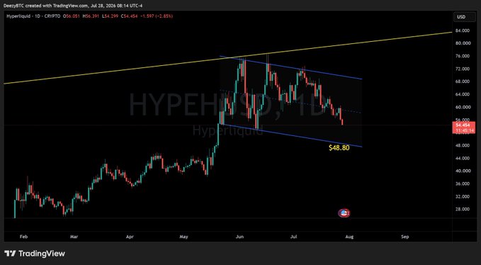 A TradingView candlestick chart of BTCUSDT showing a downward price trend with a descending channel pattern and a target price of $48.80.