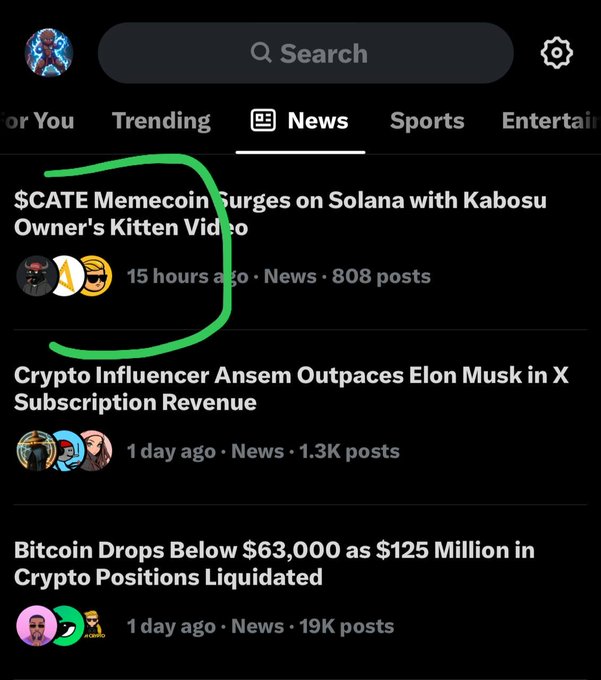 A screenshot of the X (formerly Twitter) news feed showing cryptocurrency headlines, with a green circle highlighting an article titled '$CATE Memecoin Surges on Solana with Kabosu Owner's Kitten Video' from 15 hours ago.