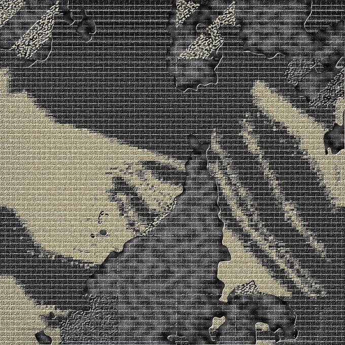A close-up texture shot shows dark, irregular liquid stains or splotches spread across a woven fabric surface in a dark gray and tan camouflage-like pattern.