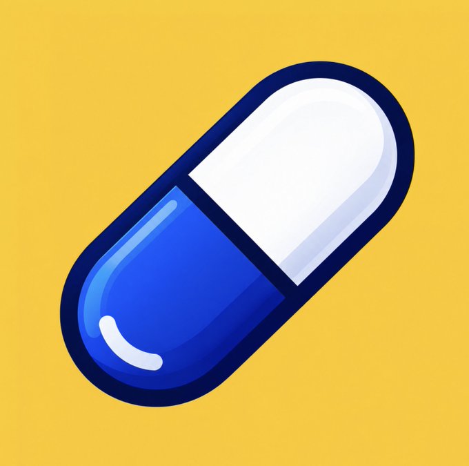 A stylized illustration of a blue and white pill capsule on a yellow background.