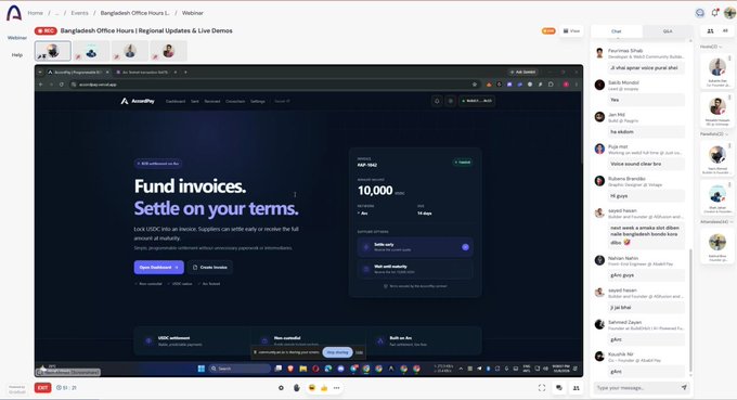 A screenshot of a virtual meeting platform displaying a webinar titled 'Bangladesh Office Hours | Regional Updates & Live Demos' featuring a presentation for KredX, a working capital invoice financing platform.