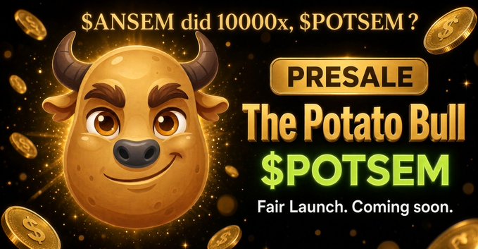 A promotional graphic for a cryptocurrency token called '$POTSEM' featuring a cartoon potato with bull horns, with text reading '$ANSEM did 10000x, $POTSEM?', 'PRESALE', 'The Potato Bull', and 'Fair Launch. Coming soon.'
