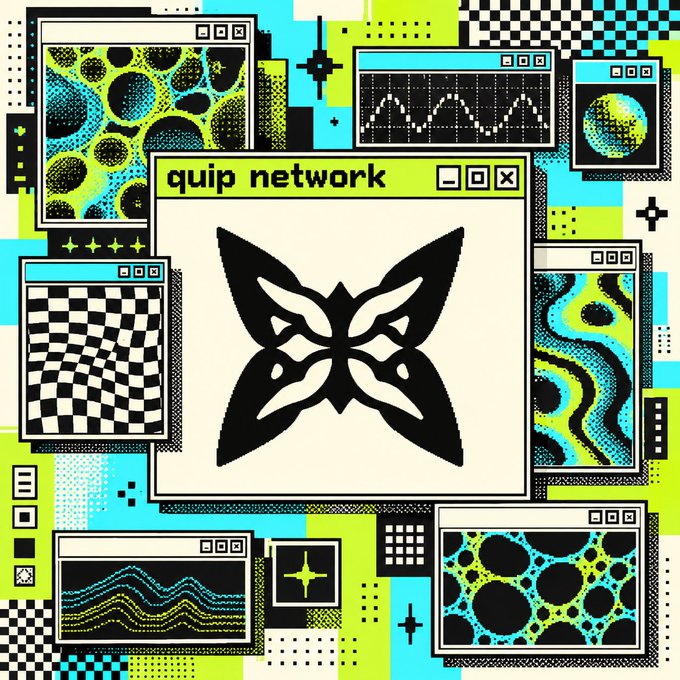 A retro-style digital graphic with multiple window frames displaying various patterns like checkered designs, waves, and a disco ball, centered around a butterfly logo with the text 'quip network'.