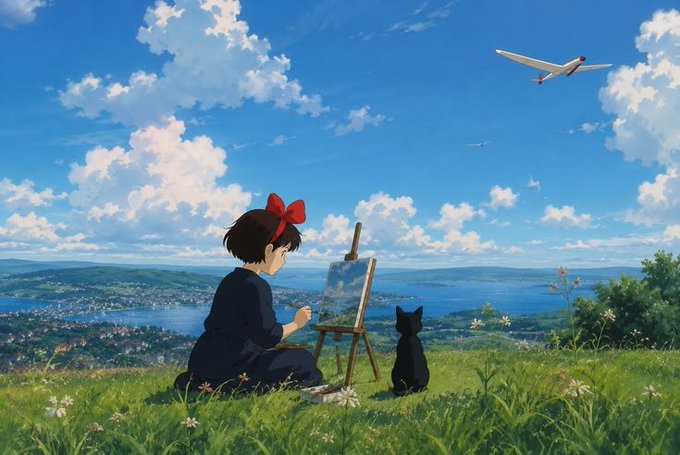 A serene anime-style illustration of a girl with a red bow painting at an easel on a grassy hill, accompanied by a black cat, overlooking a coastal town and ocean under a bright blue sky with a passing airplane.