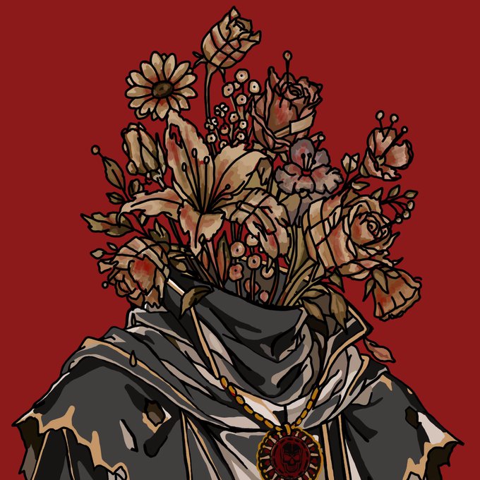An illustration of a hooded figure with a bouquet of flowers in place of a head, set against a deep red background, wearing a dark cloak with a gold medallion featuring a wolf design.