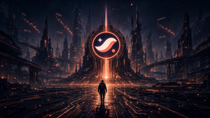 The image features an artist's rendering of a cityscape, with a man walking through the center of the scene. The city appears to be futuristic and technologically advanced, with buildings that are illuminated by orange lights. The background includes a large circle with a red and white logo in the middle, surrounded by stars. The caption reads "Focus on what is in the image and how it relates to the post."