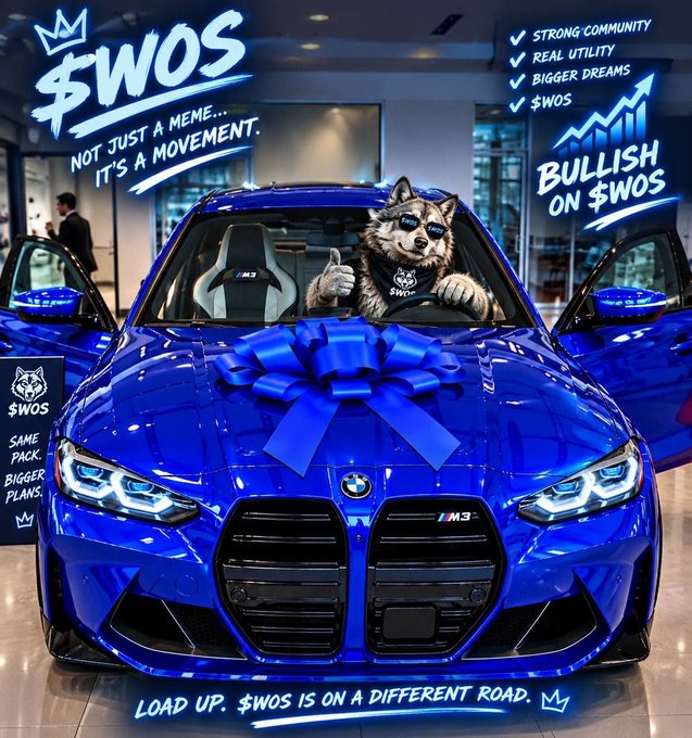 Promotional artwork for $WOS cryptocurrency featuring an anthropomorphic wolf wearing a $WOS bandana driving a blue BMW M3 with a gift bow, with text reading 'NOT JUST A MEME... IT'S A MOVEMENT' and 'BULLISH ON $WOS.'