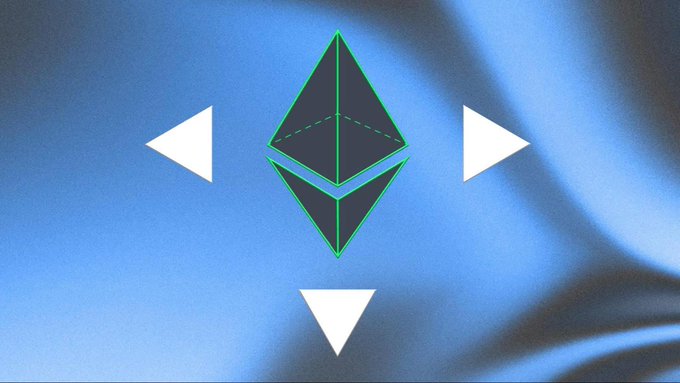 The image features the Ethereum logo (a diamond-shaped rhombus emblem) centered on a blue background, flanked by white left, right, and downward arrows suggesting a decline or downward movement in Ethereum's price. This visual pairing likely accompanies the news about the Ethereum Foundation's security team spinning off into EthSystems, potentially symbolizing negative market sentiment or a price drop following the announcement.
