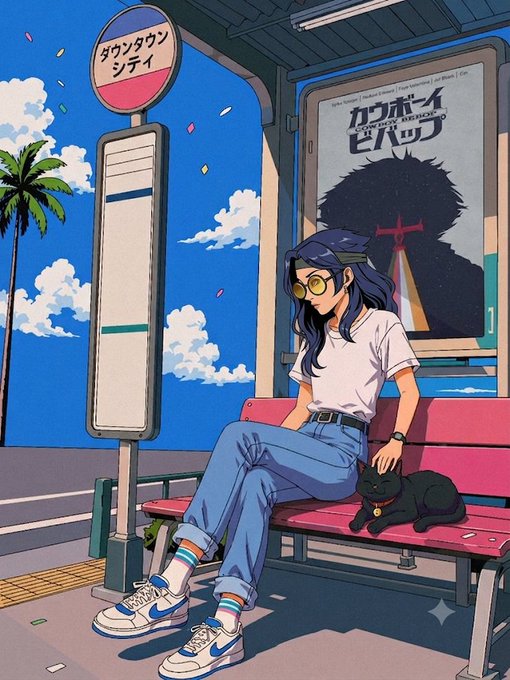 An anime-style illustration of a girl with blue hair and yellow sunglasses sitting on a bench at a bus stop labeled 'ダウンタウン シティ' with a black cat beside her and a Cowboy Bebop poster in the background.
