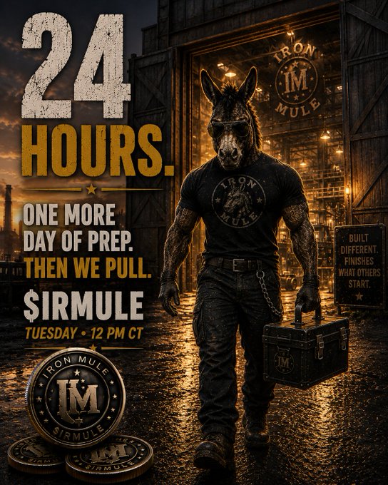 A promotional poster featuring a muscular figure wearing a horse mask and an 'Iron Mule' t-shirt, holding a toolbox, advertising '24 HOURS. ONE MORE DAY OF PREP. THEN WE PULL. $IRMULE TUESDAY - 12 PM CT'.