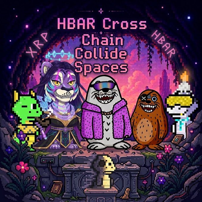 A pixel art promotional graphic for an X Space event featuring colorful mascot characters (a tiger warrior, a shark in a pink fur coat, a seal, a pixelated goblin, and others) gathered in a cave setting, with text reading "HBAR Cross Chain Collide Spaces," "XRP," and "HBAR," advertising Episode 35 with Moriah_Crypto and AscendXRP on July 7th at 3:00 PM EST.