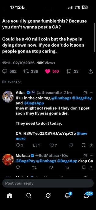 A screenshot of a social media thread on X (formerly Twitter) at 17:12, where users with handles '@atlascandle' and '@SolMufasa' urge accounts like '@finnbags', '@BagsPay', and '@BagsApp' to post a 'CA' (contract address), citing a potential '40 mill coin' opportunity.