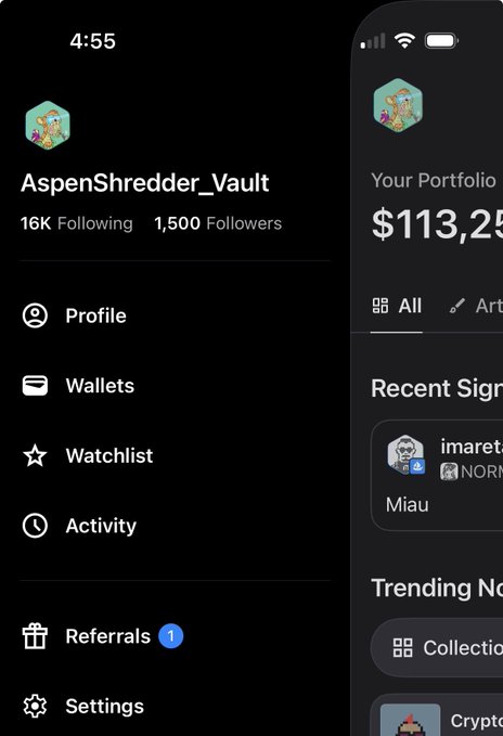 A screenshot of a mobile app displays a user profile named 'AspenShredder_Vault' with 16K Following and 1,500 Followers, showing menu options like Profile, Wallets, and Watchlist, alongside a portfolio value of $113,25...