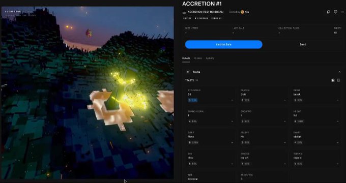 A split-screen view shows a voxel-based Minecraft-style game world with glowing characters on the left and an NFT marketplace page titled 'ACCRETION #1' on the right.